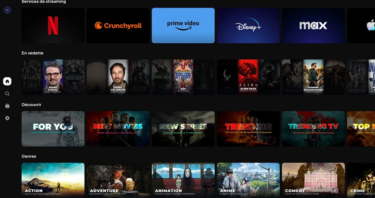 Accueil de Nuvio : barre latérale, rangées Services de streaming, En vedette, Découvrir et Genres.